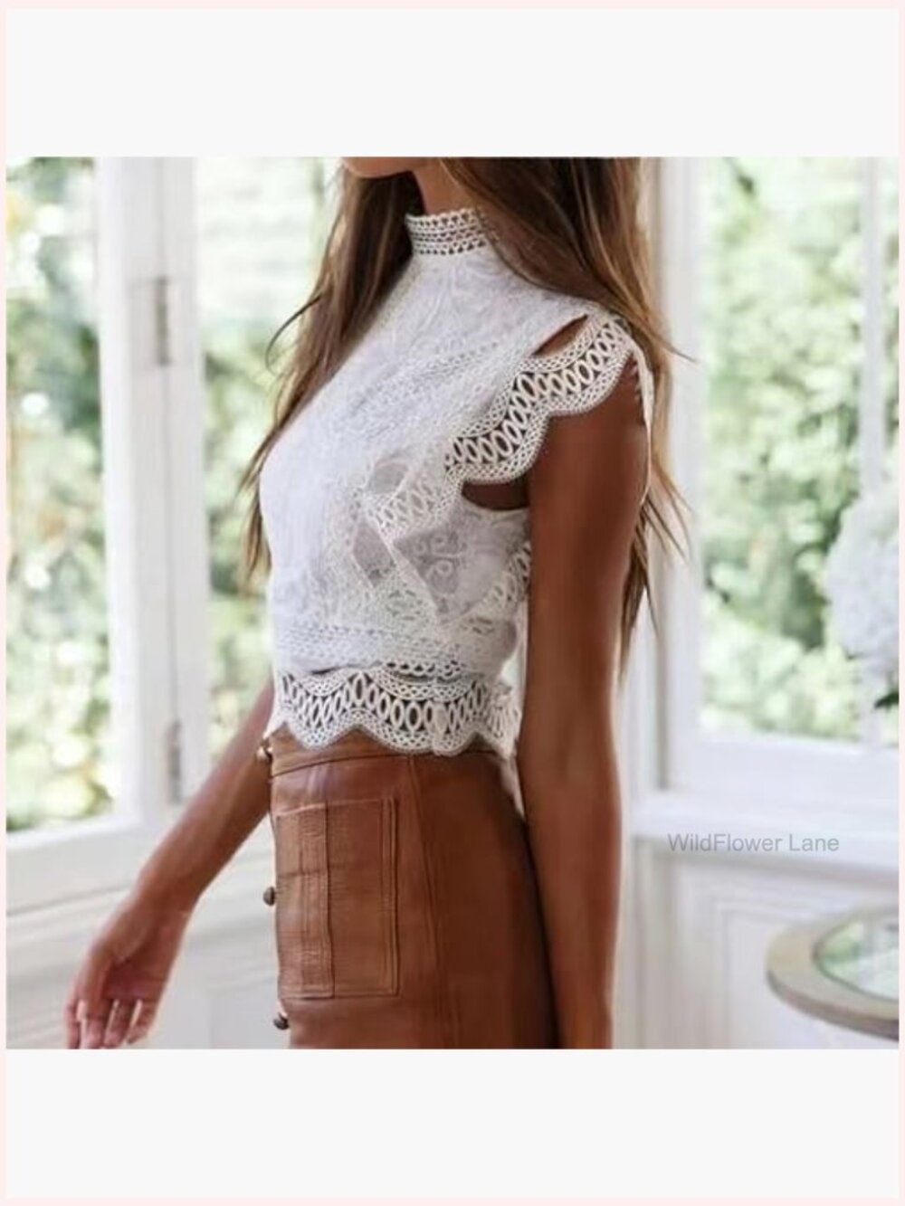 Sleeveless Lace Blouse Elegant Ruffle Trim Summer Top - Picture 4 of 6